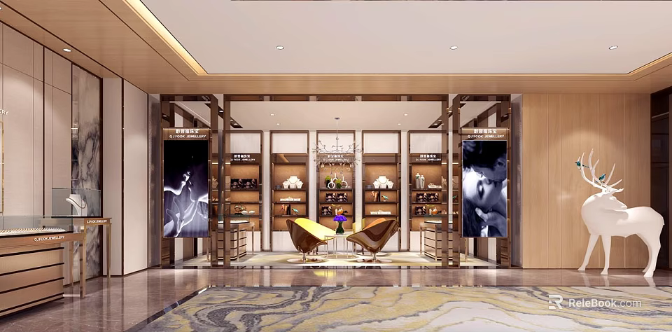 Luxurious Jewelry Store Interior With Glass Display Cases Elegant Lighting And Marble Floor 3d model 