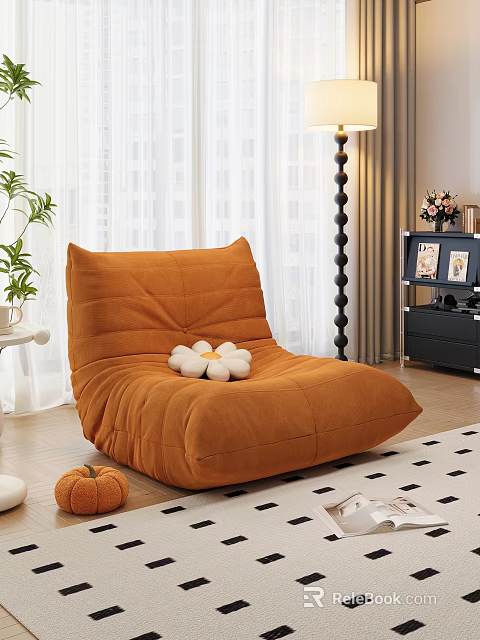 Soft Orange Bean Bag Chair With White Flower Decoration And Green Plants By Window Curtains 3d model 