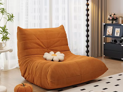 Soft Orange Bean Bag Chair With White Flower Decoration And Green Plants By Window Curtains 3d model
