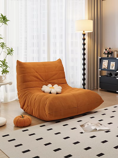 Soft Orange Bean Bag Chair With White Flower Decoration And Green Plants By Window Curtains 3d model