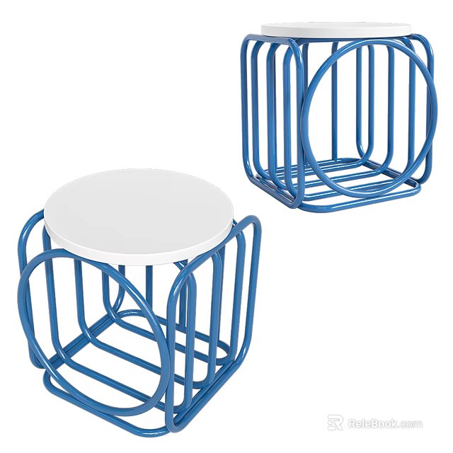 Two Modern Coffee Tables With Blue Metal Frame And White Round Tabletop 3d model