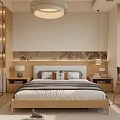 Modern Bedroom Interior With Wooden Bed Round Pendant Light Decorative Wall Art And Bedside Tables