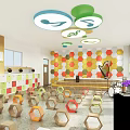 School Music Classroom With Colorful Hexagon Seats And Musical Note Pendant Lights