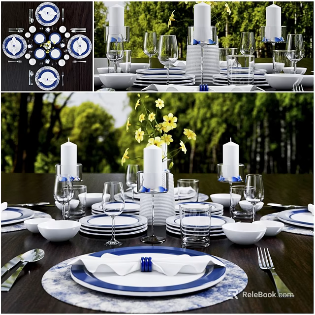 Blue And White Dinnerware Set With Plates Glasses Napkins Candles And Flowers On Dining Table 3d model 