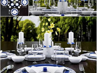 Blue And White Dinnerware Set With Plates Glasses Napkins Candles And Flowers On Dining Table 3d model