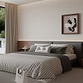 Modern Bedroom Interior With Large Windows Green View Beige Curtains Wooden Headboard And Striped Bedding