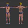 Muscular Man Front And Back View With Arms Stretched In Black Underwear On Dark Background