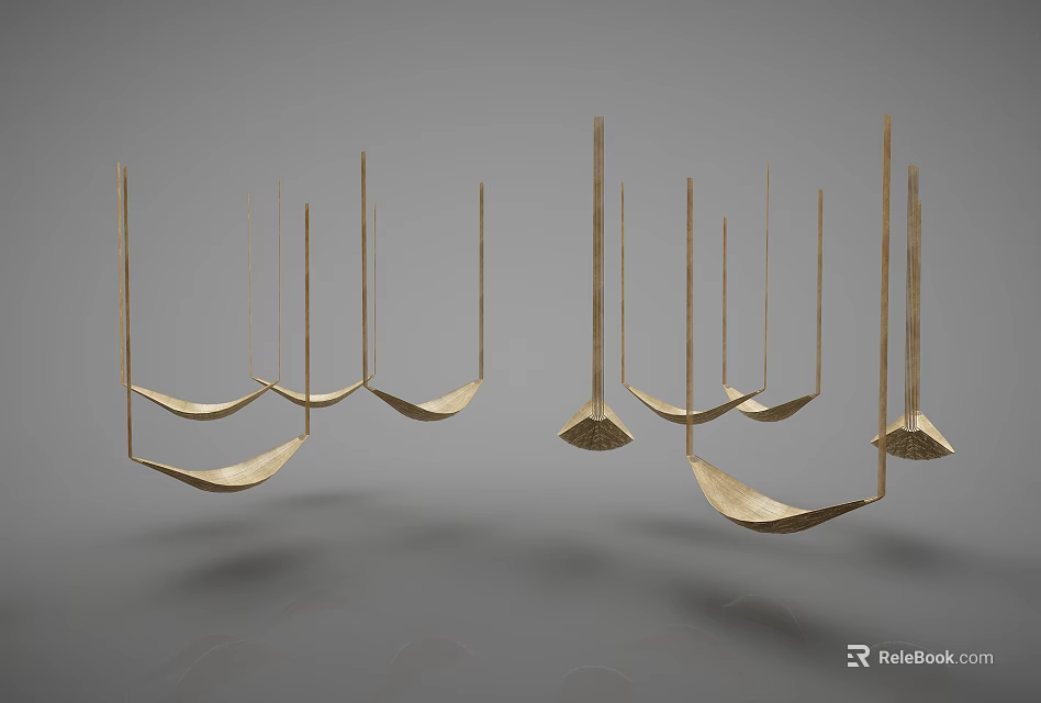 Elegant Modern Brass Chandelier With Sculptural Hanging Geometric Arms And Curved Pendant Design 3d model 