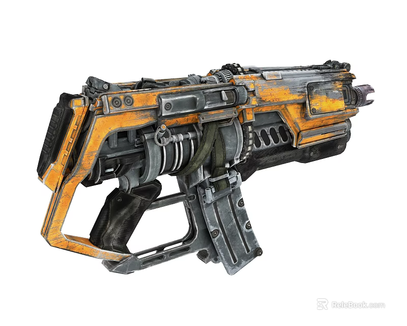 Futuristic Sci Fi Weapon With Orange And Gray Mechanical Grip And Barrel 3d model 