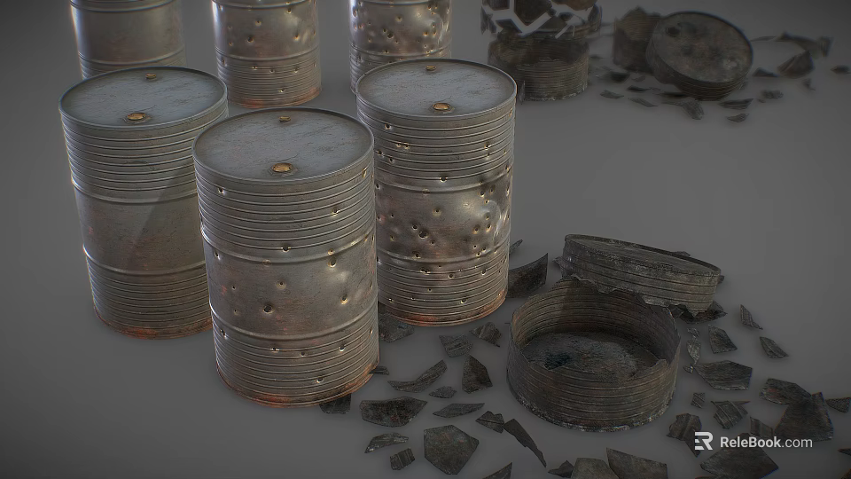 Rusted Metal Barrels With Intact And Broken Parts And Scattered Debris 3d model 