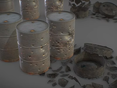 Rusted Metal Barrels With Intact And Broken Parts And Scattered Debris 3d model