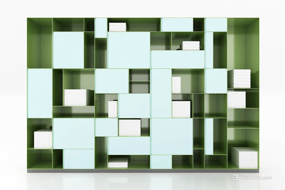 Cube Shaped Green And Light Blue Bookshelf With White Decorative Items 3d model