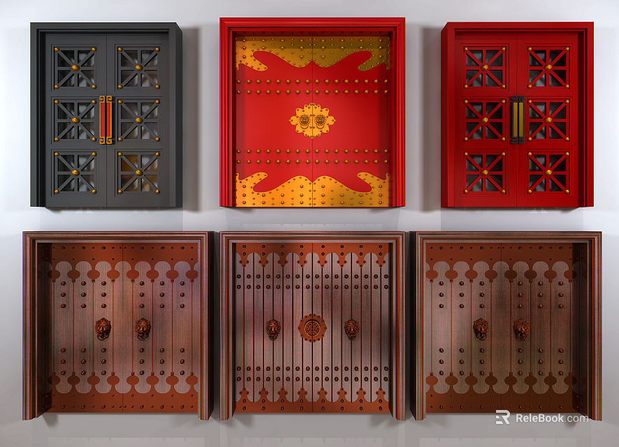 Various Black Red Brown Double Doors With Gold Decorative Patterns And Handles 3d model 
