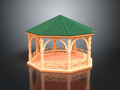 Hexagonal Gazebo With Green Roof Arched Porches Wooden Railings And Sturdy Base 3d model