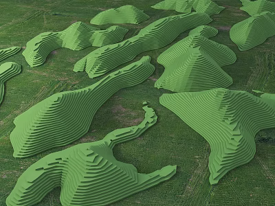 Green Park Landscape With Undulating Terrain And Striped Grass Texture Design 3d model