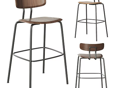 Modern Wooden Bar Stools With Black Metal Frame And Sleek Design 3d model