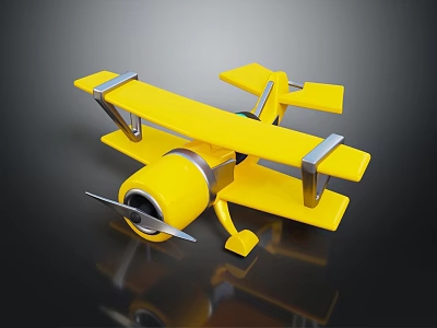 Yellow Biplane Passenger Plane Model With Silver Components And Propeller 3d model