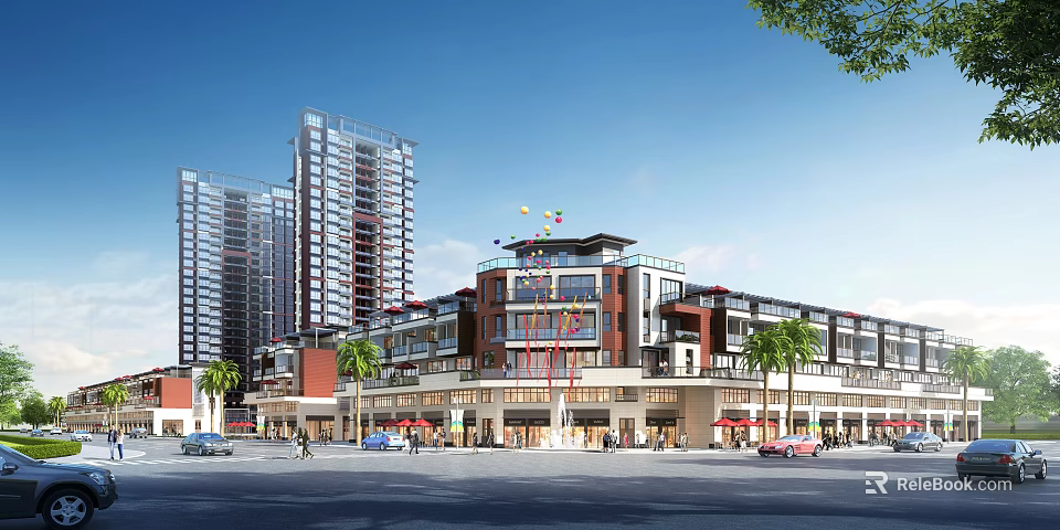 Modern Commercial Street With High Rise Buildings Palm Trees And Pedestrians 3d model 