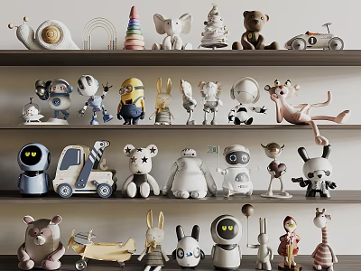 Variety Of Plush Toys And Cartoon Character Dolls On Shelves 3d model