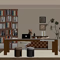 Cozy Study Room Interior With Wooden Desk Bookshelf Laptop Decorations And Potted Plant