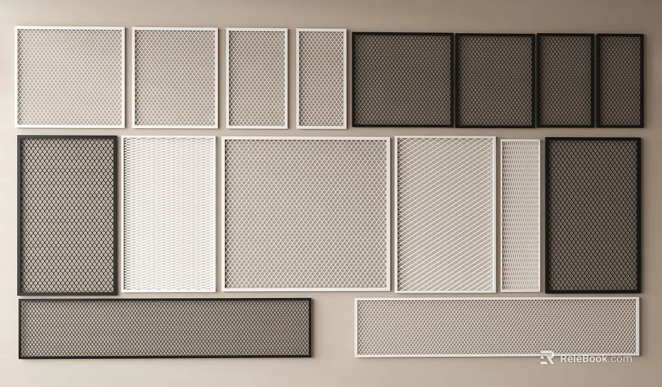 Wrought Iron Perforated Panels with Various Grid Patterns in Black and White 3d model 