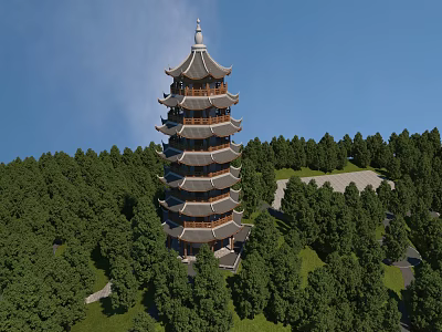 Traditional Multi Story Pagoda Surrounded By Lush Green Forest Under Blue Sky 3d model