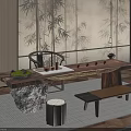 Modern Tea Room Interior With Wooden Tea Table Tea Sets Bench And Bamboo Decor