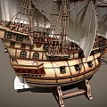 Ancient Wooden Sailing Ship With Multiple Masts White Sails And Flags