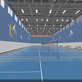 Indoor Badminton Court With Blue Floor Sport Figure Graphics And Fitness Area Setup