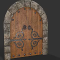 Arched Wooden Gate With Stone Frame And Intricate Metal Decorations