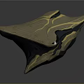 Abstract Geometric Sculpture With Brownish Gray Body Yellow Accent Lines And Green Glowing Details