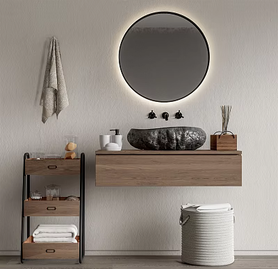 Modern Bathroom Sink With Round Mirror Stone Basin And Wooden Countertop Shelf With Towels 3d model