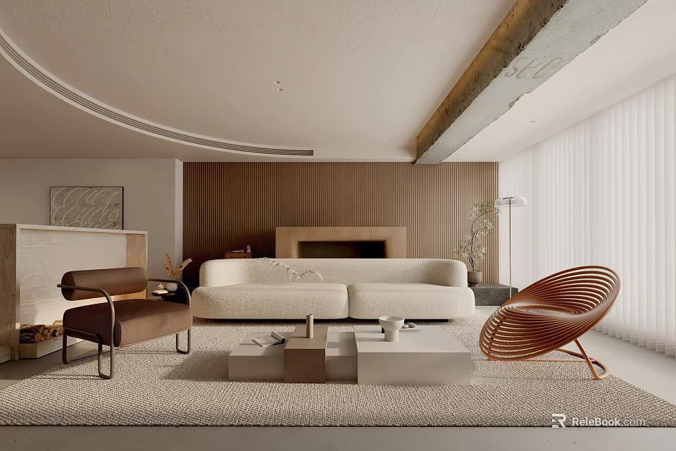Modern Living Room Interior With Beige Sofa Wooden Wall Fireplace Rattan Chair And Coffee Table 3d model 