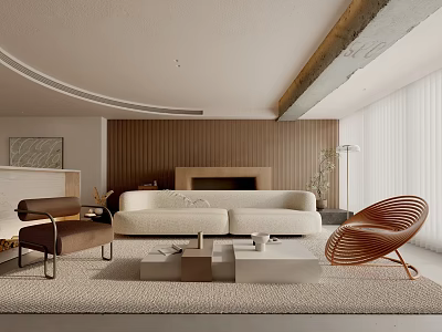 Modern Living Room Interior With Beige Sofa Wooden Wall Fireplace Rattan Chair And Coffee Table 3d model