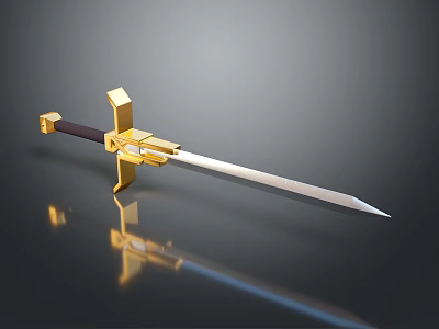 Ornate Sword With Golden Accents Black Hilt And Silver Blade On Dark Surface 3d model