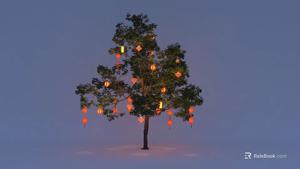 Ornamental Tree With Red Lit Lanterns Against Evening Gray Sky 3d model 