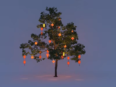 Ornamental Tree With Red Lit Lanterns Against Evening Gray Sky 3d model