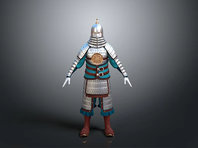 Man Wearing Traditional Metallic Armor With Decorative Chest Badge And Red Boots 3d model