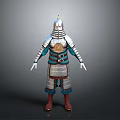 Man Wearing Traditional Metallic Armor With Decorative Chest Badge And Red Boots