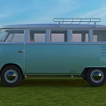 Light Green Vintage Bus With Roof Rack Parked On Green Grass Under Blue Sky