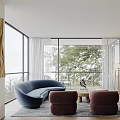 Modern Dining and Living Room Interior With Wooden Table Chairs Pendant Light And Large Windows