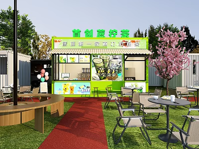 Green Milk Tea Shop With Outdoor Seating Lawn Red Pathway Signboard And Cherry Blossom Tree 3d model