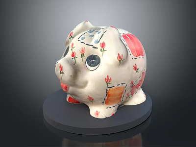 White Piggy Bank Decorative Ornament Featuring Red Flower Patterns Colorful Decorations And Black Base 3d model