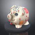 White Piggy Bank Decorative Ornament Featuring Red Flower Patterns Colorful Decorations And Black Base