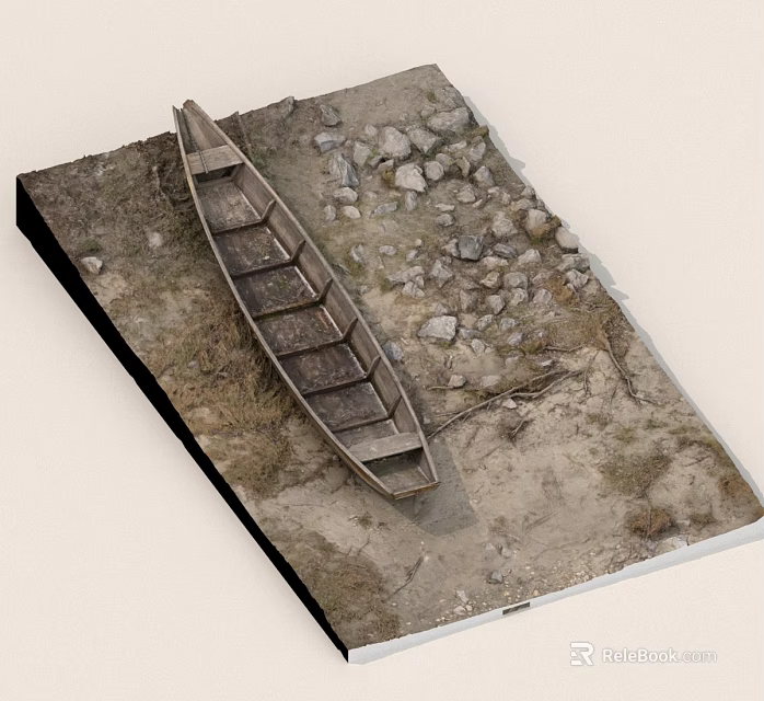 Abandoned Wooden Boat On Shore With Stones Dirt And Dry Grass 3d model 