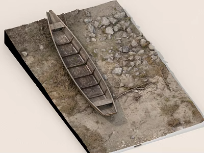 Abandoned Wooden Boat On Shore With Stones Dirt And Dry Grass 3d model