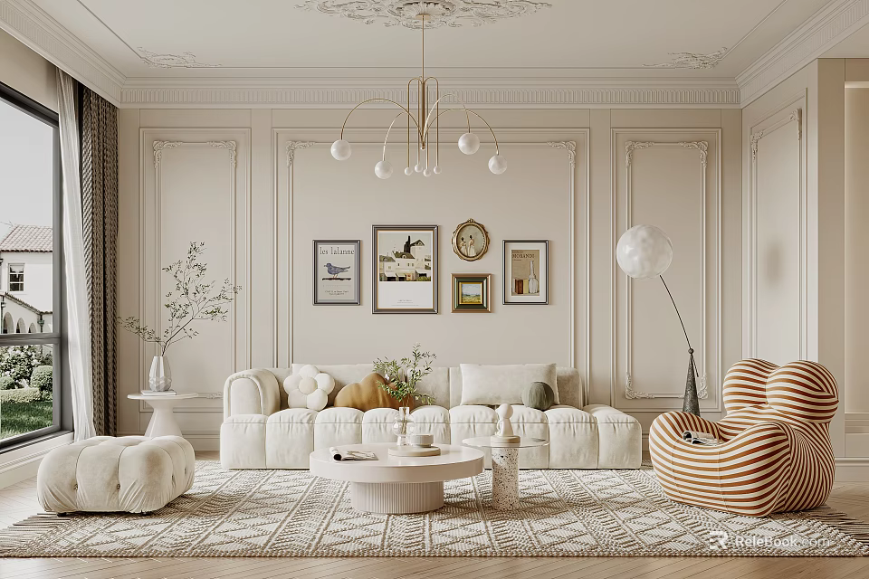Elegant Living Room Interior With Beige Sofa Striped Chair Chandelier Area Rug And Wall Art 3d model 
