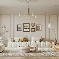 Elegant Living Room Interior With Beige Sofa Striped Chair Chandelier Area Rug And Wall Art