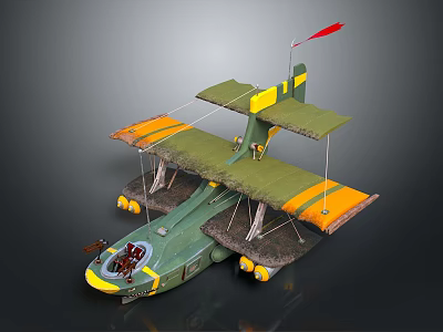 Vintage Green and Yellow Biplane Airplane 3D Model with Red Flag and Number 40 Design 3d model