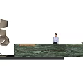 Elegant Green Marble Reception Desk with Textured Surface Abstract Sculpture and Receptionist